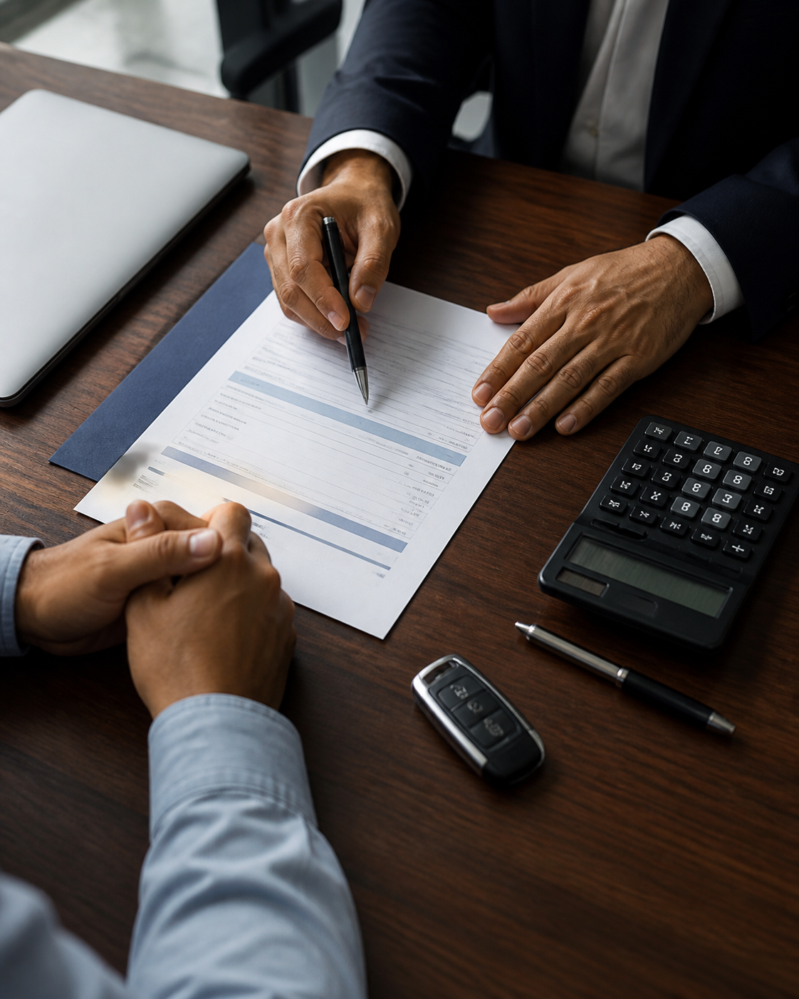 Financing documents, calculator and vehicle key being reviewed